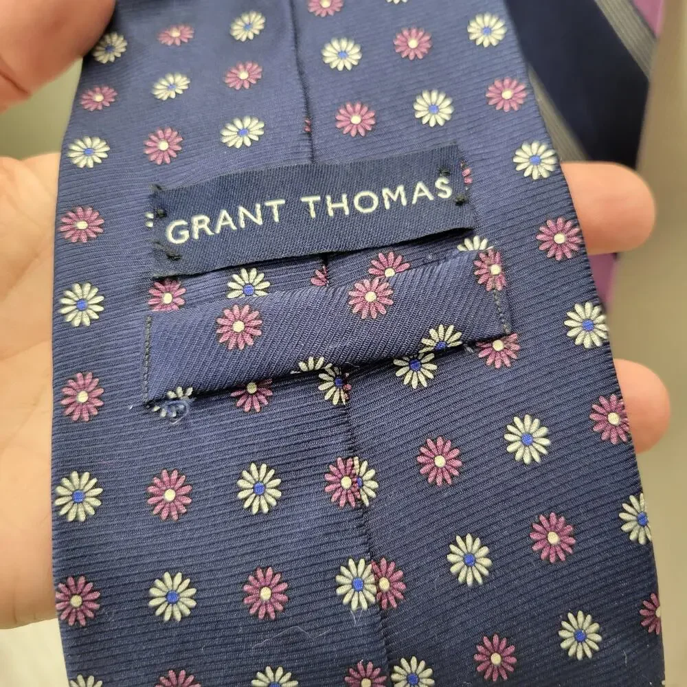 Grant Thomas Lot of 2 Neck Ties Navy, Gray, Purple Prints